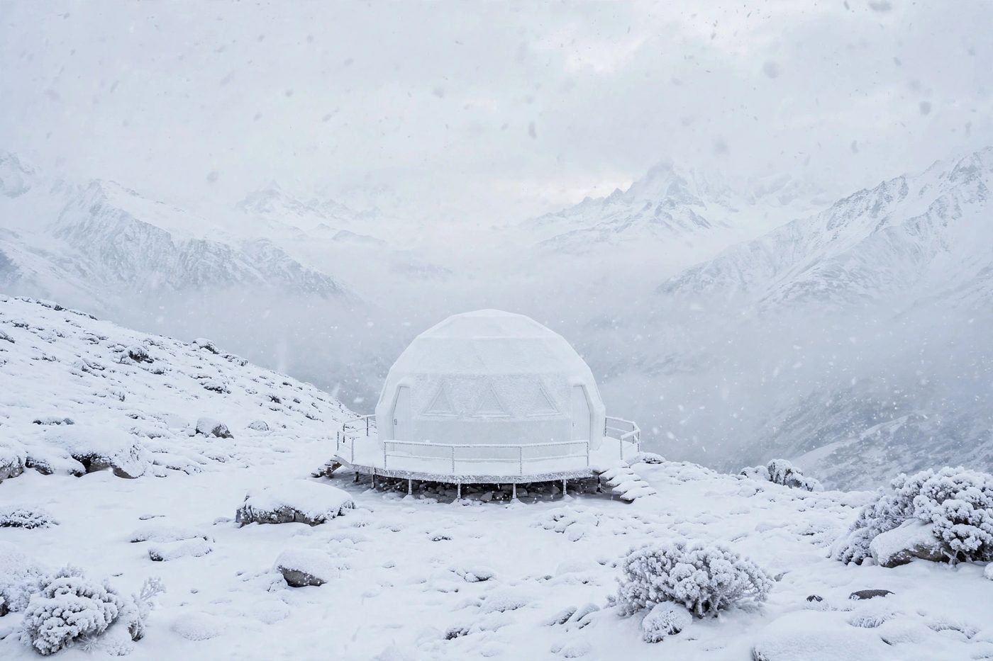 Drone-deployed shelter in a high-altitude, snow-covered site
