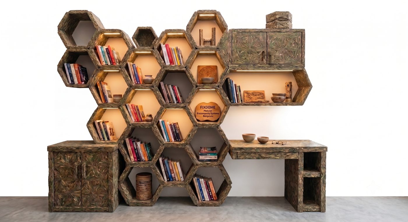 Large modular bookshelf, desk and storage wall in bio-composite
