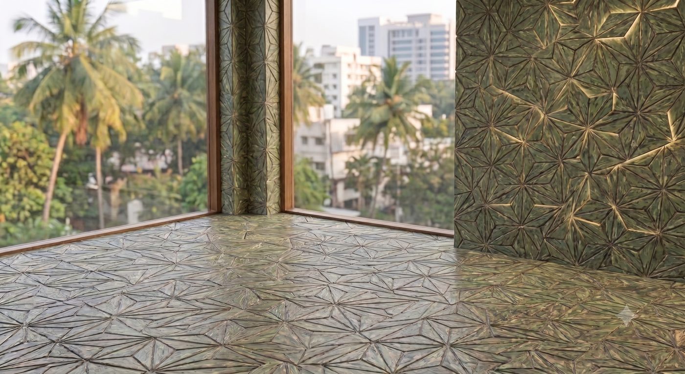 Interlocking bio-composite floor and wall tiles installed in a room